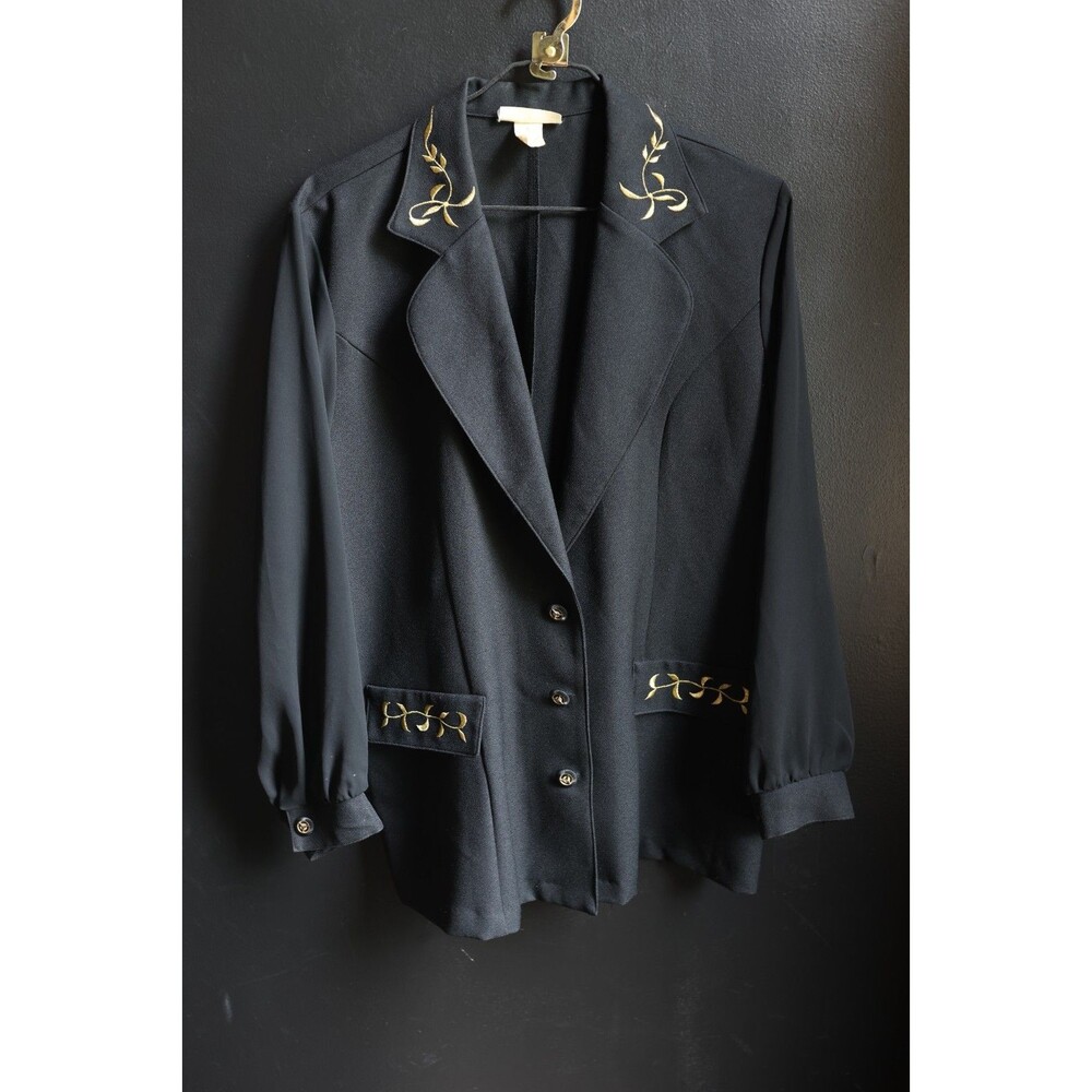 Vintage Women's Black Blazer Sheer Sleeves Gold Embroidery Button Whimsigoth